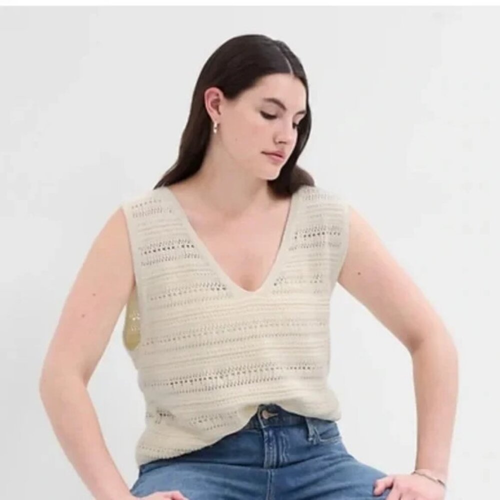 Gap White Knit 100% Cotton Sweater Vest Crochet Lightweight Boho Womens XL